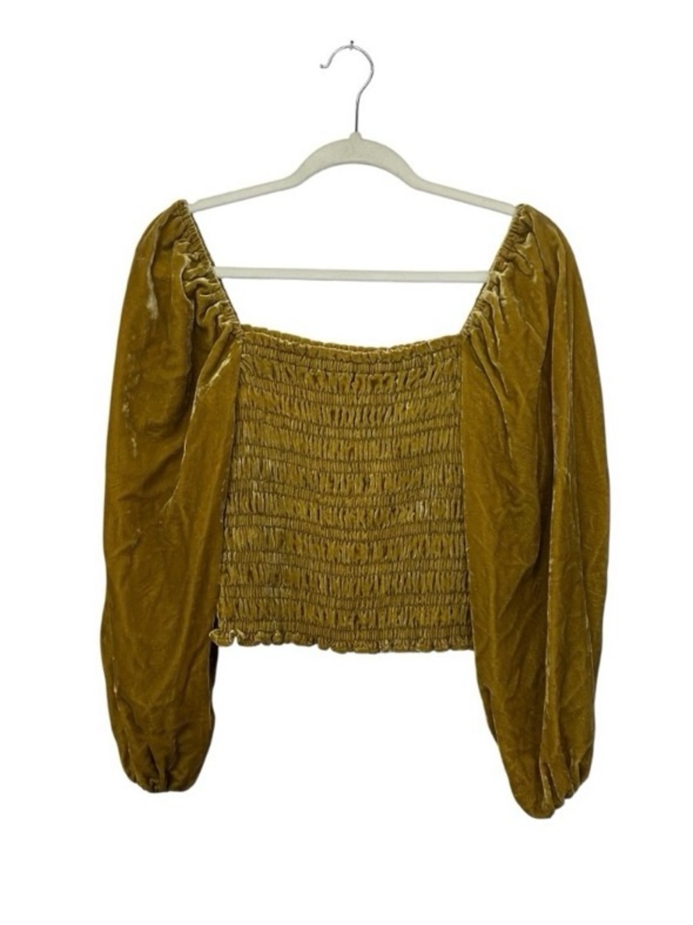 Anthropologie Gold Smocked Body Square Neck Puff Sleeved Velvet Blouse XS - Picture 7 of 11